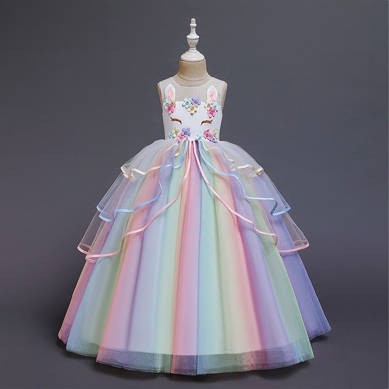 New European and American children's dress,unicorn hot selling rainbow fluffy mesh princess dress,round neck girls' gauze dress,slim waist A-line skirt,suitable for performance parties performances