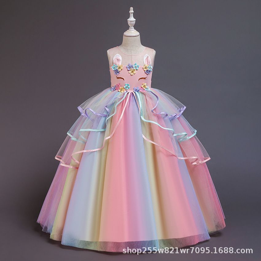 New European and American children's dress,unicorn hot selling rainbow fluffy mesh princess dress,round neck girls' gauze dress,slim waist A-line skirt,suitable for performance parties performances