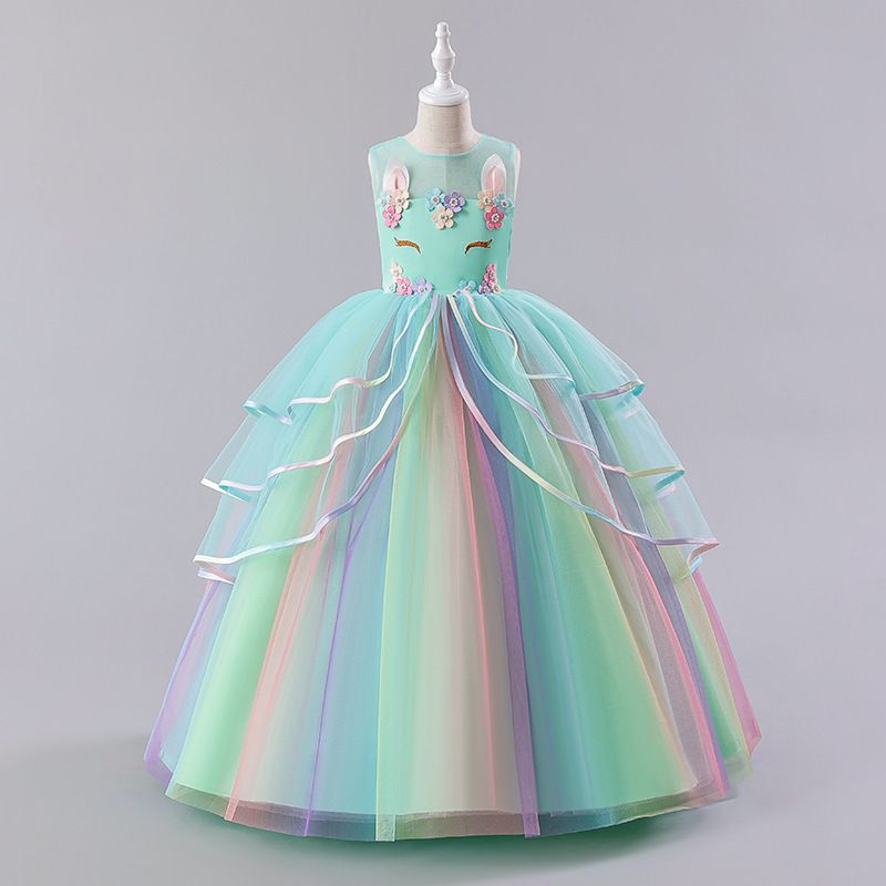 New European and American children's dress,unicorn hot selling rainbow fluffy mesh princess dress,round neck girls' gauze dress,slim waist A-line skirt,suitable for performance parties performances