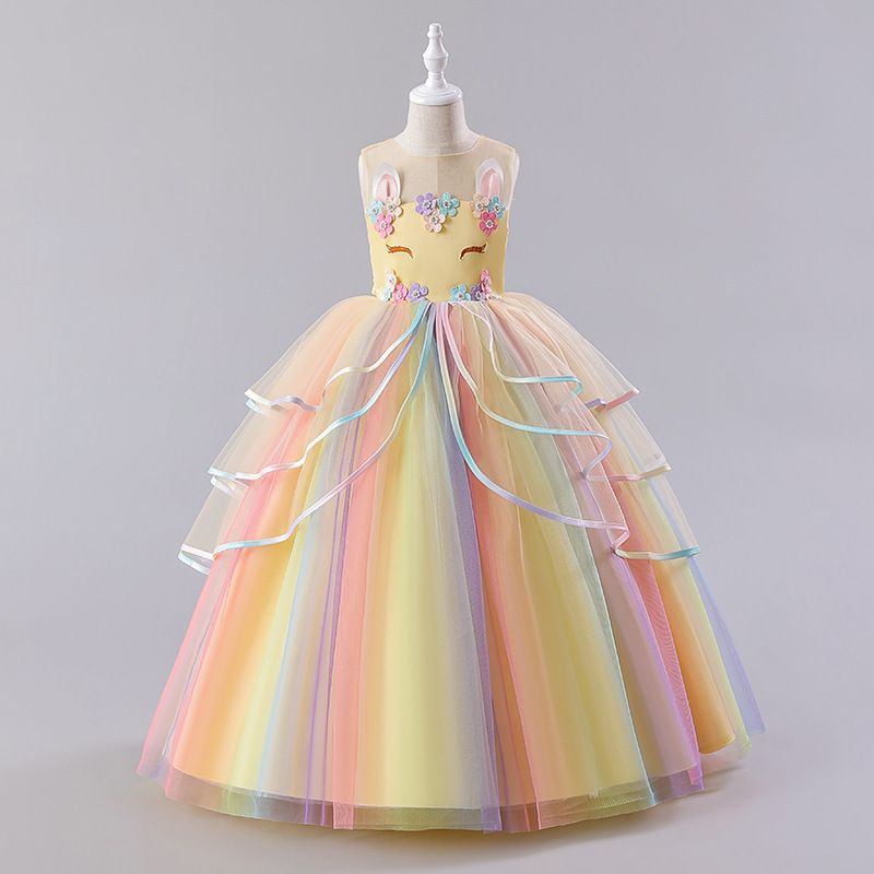 New European and American children's dress,unicorn hot selling rainbow fluffy mesh princess dress,round neck girls' gauze dress,slim waist A-line skirt,suitable for performance parties performances