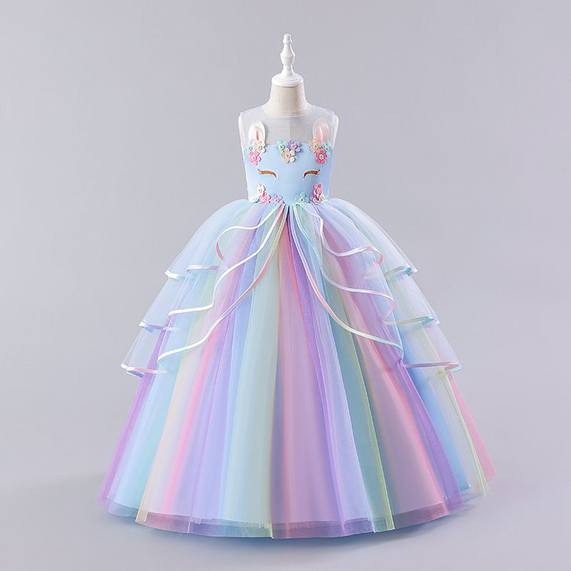 New European and American children's dress,unicorn hot selling rainbow fluffy mesh princess dress,round neck girls' gauze dress,slim waist A-line skirt,suitable for performance parties performances