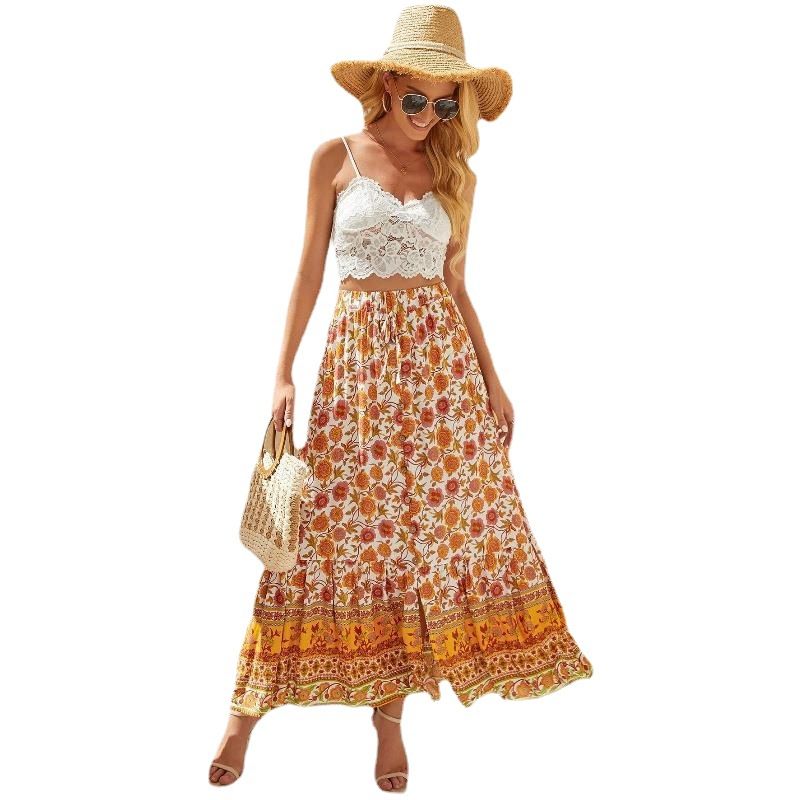 2025 New Printed Women's Skirt,Women's High Waist Flower Buckle Split Half Skirt,Cotton Print,Bohemian Holiday Big Swing Skirt,Fashionable Beach Skirt,Slim Fit Versatile,Soft and Comfortable Fabric