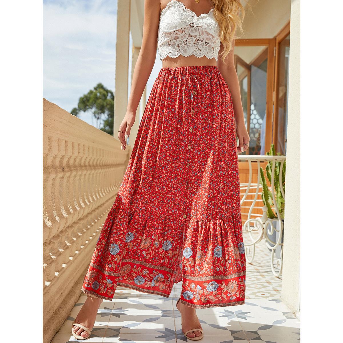 2025 New Printed Women's Skirt,Women's High Waist Flower Buckle Split Half Skirt,Cotton Print,Bohemian Holiday Big Swing Skirt,Fashionable Beach Skirt,Slim Fit Versatile,Soft and Comfortable Fabric