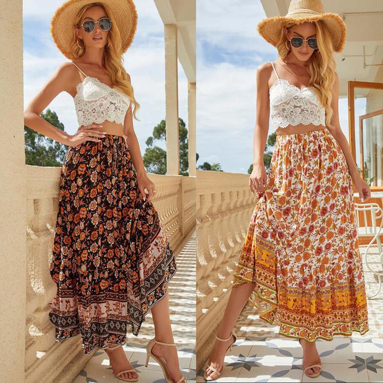 2025 New Printed Women's Skirt,Women's High Waist Flower Buckle Split Half Skirt,Cotton Print,Bohemian Holiday Big Swing Skirt,Fashionable Beach Skirt,Slim Fit Versatile,Soft and Comfortable Fabric
