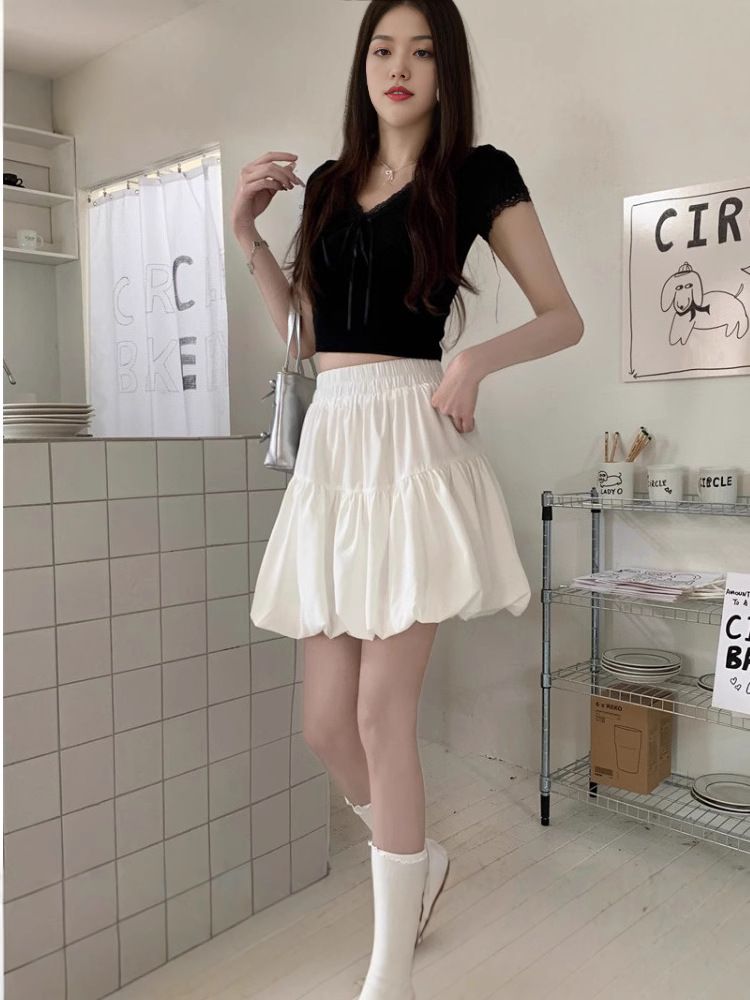 New plus size slim fit and slimming skirt for women,gentle high waisted A-line cake skirt for spring summer,pear shaped white skirt,solid color lantern skirt,soft comfortable fabric,simple versatile