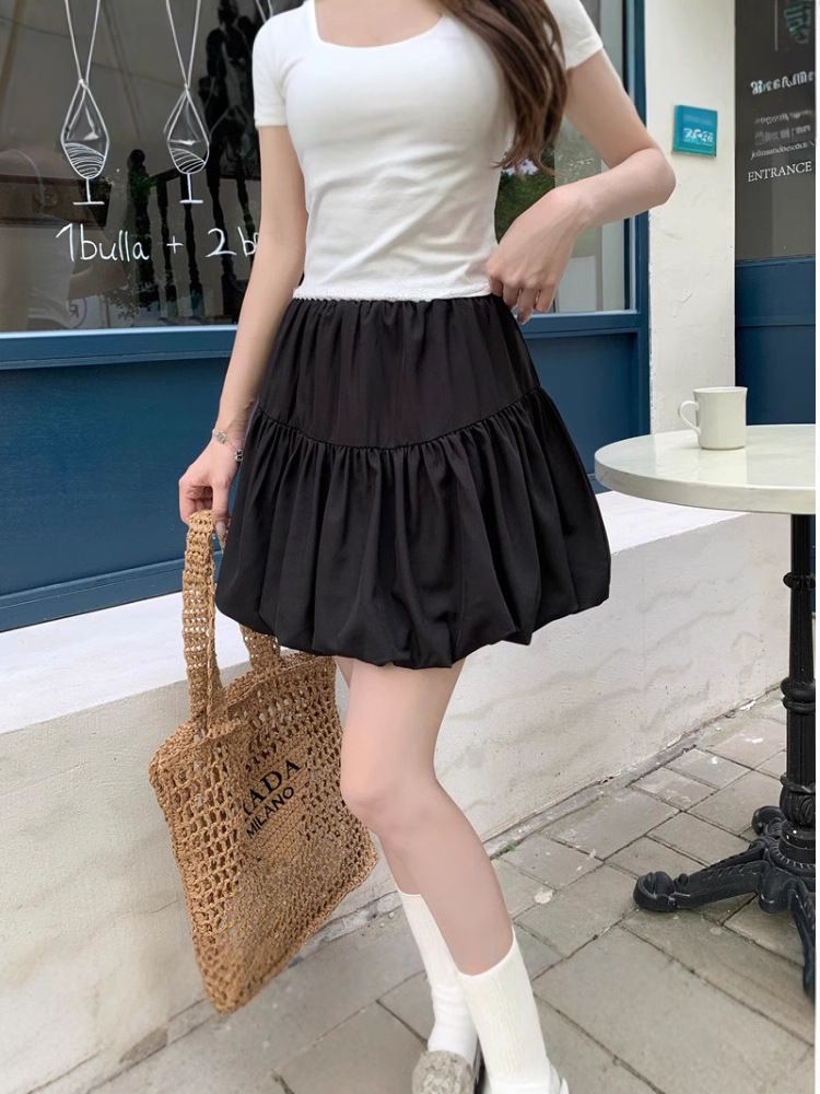 New plus size slim fit and slimming skirt for women,gentle high waisted A-line cake skirt for spring summer,pear shaped white skirt,solid color lantern skirt,soft comfortable fabric,simple versatile
