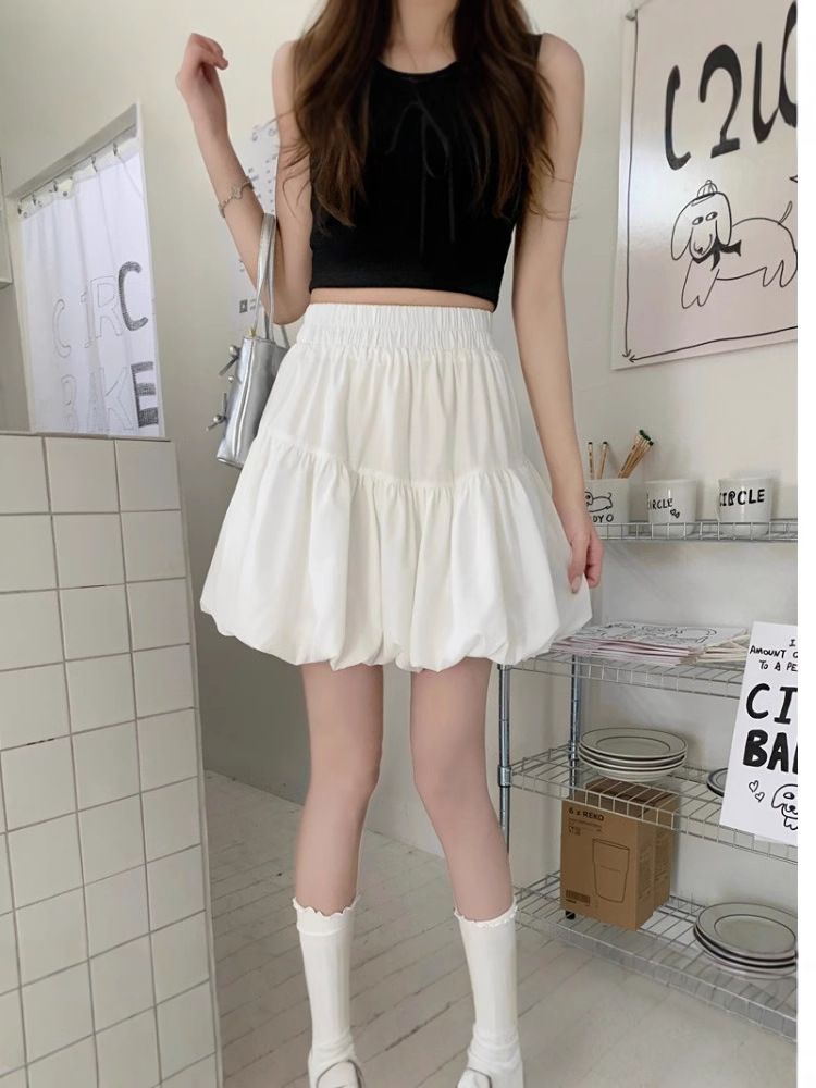 New plus size slim fit and slimming skirt for women,gentle high waisted A-line cake skirt for spring summer,pear shaped white skirt,solid color lantern skirt,soft comfortable fabric,simple versatile