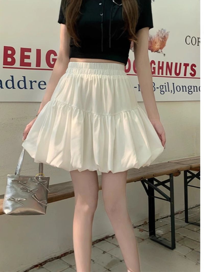 New plus size slim fit and slimming skirt for women,gentle high waisted A-line cake skirt for spring summer,pear shaped white skirt,solid color lantern skirt,soft comfortable fabric,simple versatile
