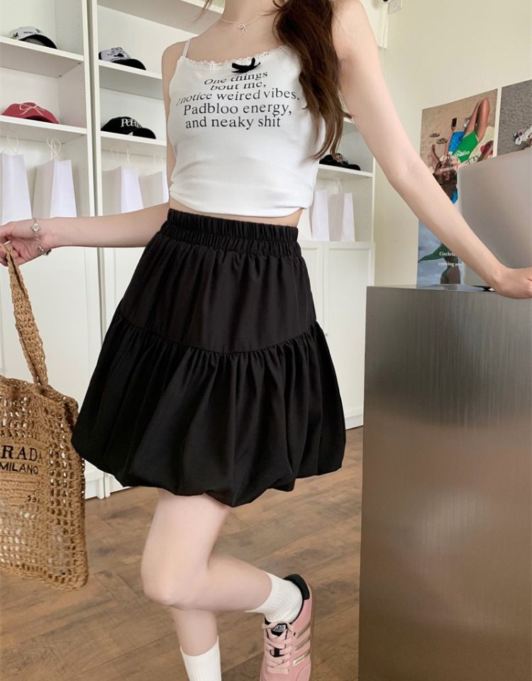 New plus size slim fit and slimming skirt for women,gentle high waisted A-line cake skirt for spring summer,pear shaped white skirt,solid color lantern skirt,soft comfortable fabric,simple versatile