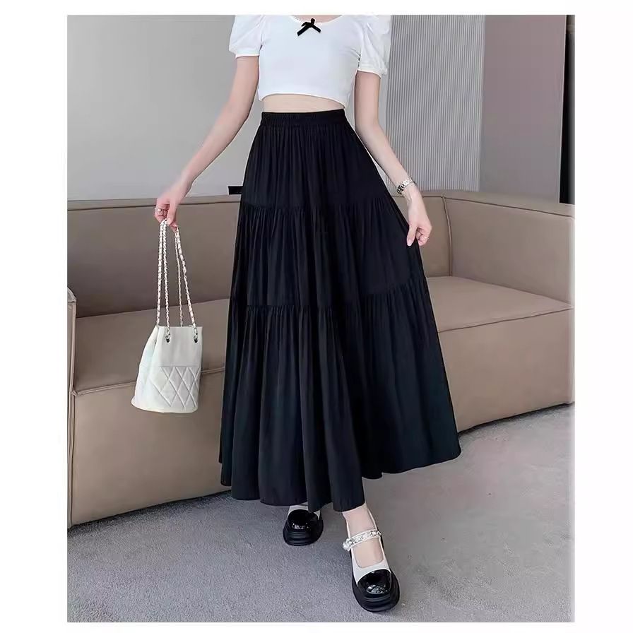 New hot selling cake skirt,solid color skirt for women,2025 hot spring and summer temperament high waisted skirt,showing a slim pear shaped figure,A-line large white long skirt,simple and atmospheric