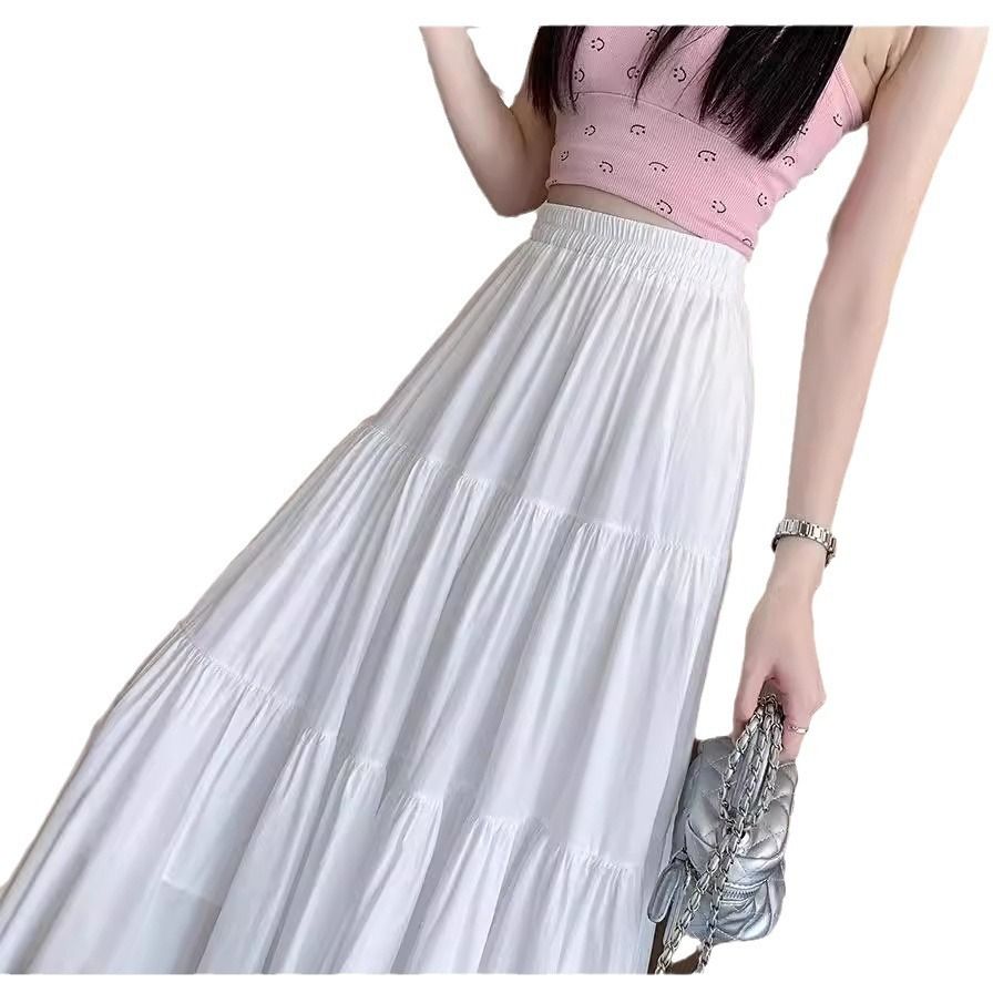 New hot selling cake skirt,solid color skirt for women,2025 hot spring and summer temperament high waisted skirt,showing a slim pear shaped figure,A-line large white long skirt,simple and atmospheric