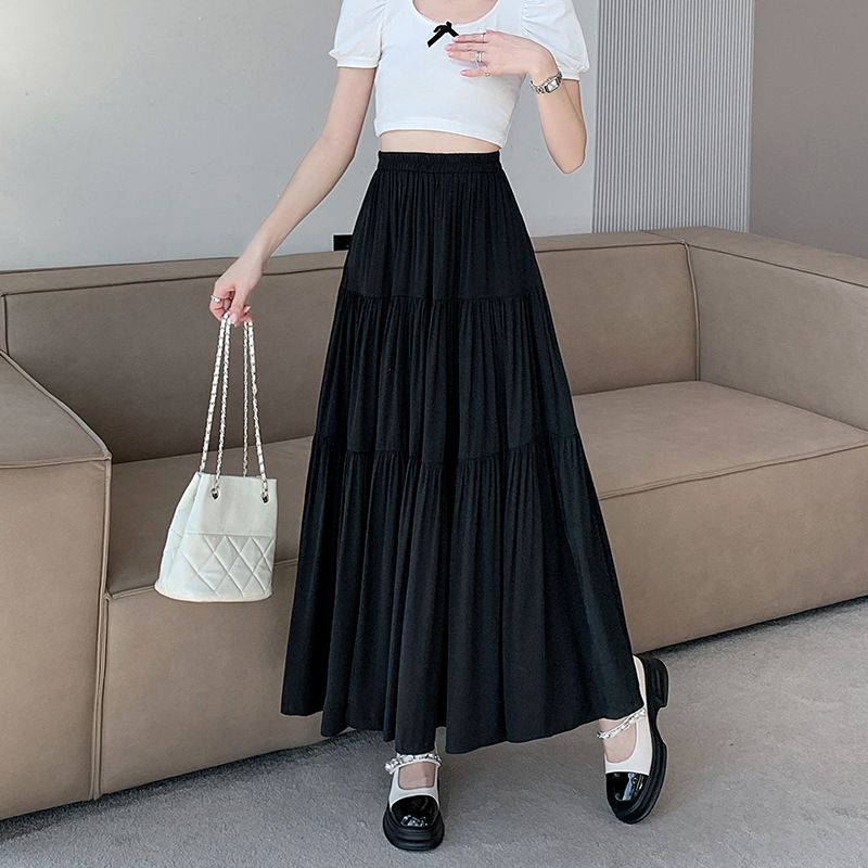New hot selling cake skirt,solid color skirt for women,2025 hot spring and summer temperament high waisted skirt,showing a slim pear shaped figure,A-line large white long skirt,simple and atmospheric