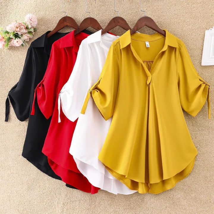 2025 hot selling mid to long length short sleeved chiffon shirt for women,spring and summer new plus size loose waist T-shirt,collar slimming chiffon top trend,V-neck casual T-shirt,soft comfortable