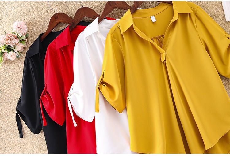 2025 hot selling mid to long length short sleeved chiffon shirt for women,spring and summer new plus size loose waist T-shirt,collar slimming chiffon top trend,V-neck casual T-shirt,soft comfortable