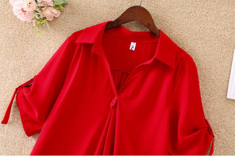 2025 hot selling mid to long length short sleeved chiffon shirt for women,spring and summer new plus size loose waist T-shirt,collar slimming chiffon top trend,V-neck casual T-shirt,soft comfortable