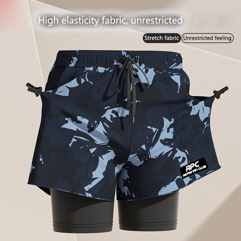 New adult flat angle double-layer swimming trunks,men's five quarter pants,anti awkward hot selling professional beach adult swimming equipment,drawstring printing,high elasticity fabric,soft