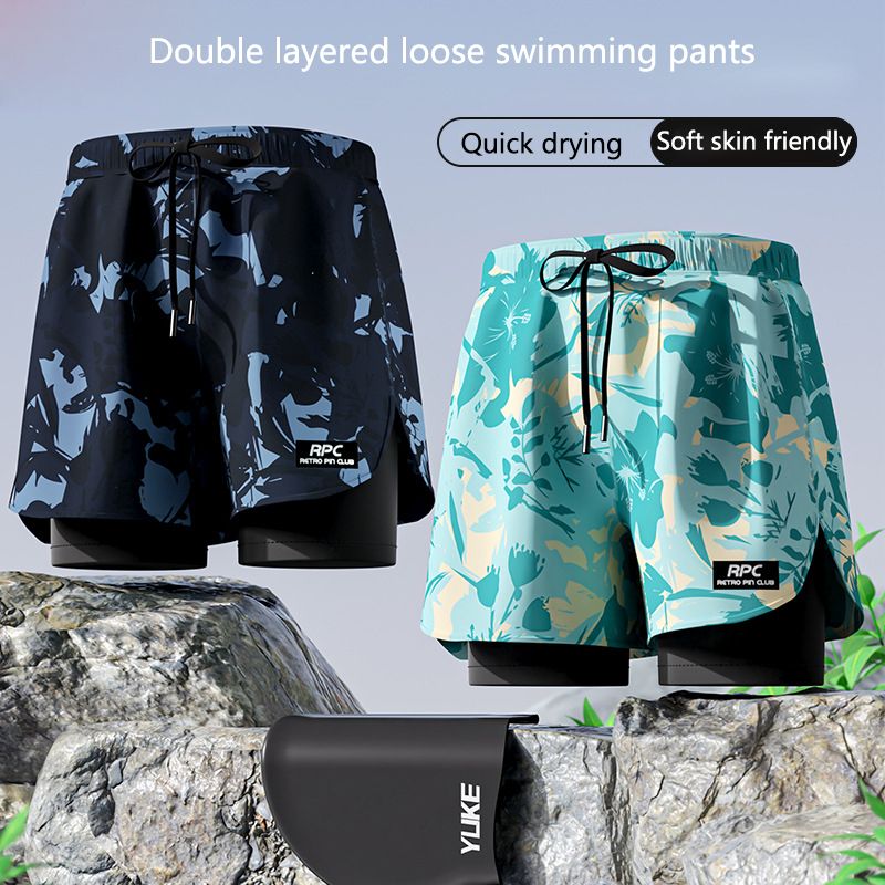 New adult flat angle double-layer swimming trunks,men's five quarter pants,anti awkward hot selling professional beach adult swimming equipment,drawstring printing,high elasticity fabric,soft