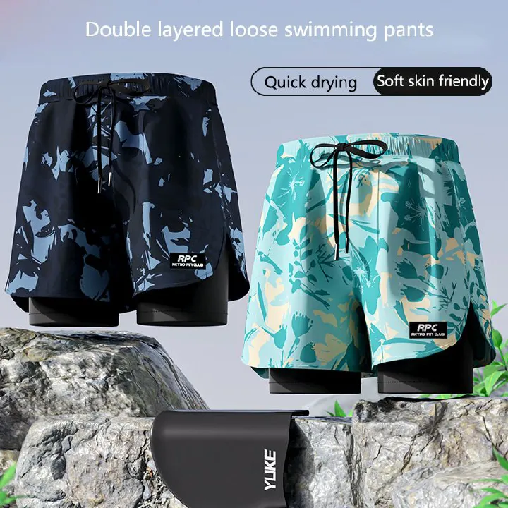 New adult flat angle double-layer swimming trunks,men's five quarter pants,anti awkward hot selling professional beach adult swimming equipment,drawstring printing,high elasticity fabric,soft