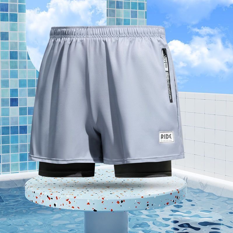 New adult flat angle double-layer swimming trunks,men's five quarter pants,anti awkward hot selling professional beach adult swimming equipment,drawstring printing,high elasticity fabric,soft