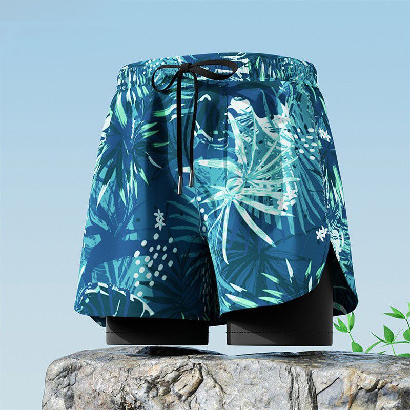 New adult flat angle double-layer swimming trunks,men's five quarter pants,anti awkward hot selling professional beach adult swimming equipment,drawstring printing,high elasticity fabric,soft