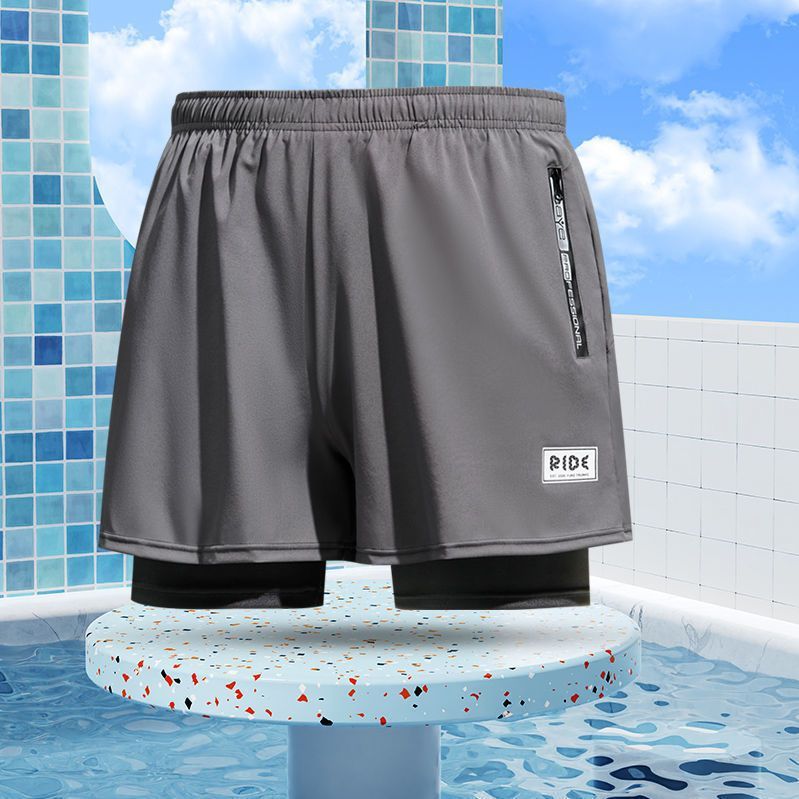 New adult flat angle double-layer swimming trunks,men's five quarter pants,anti awkward hot selling professional beach adult swimming equipment,drawstring printing,high elasticity fabric,soft