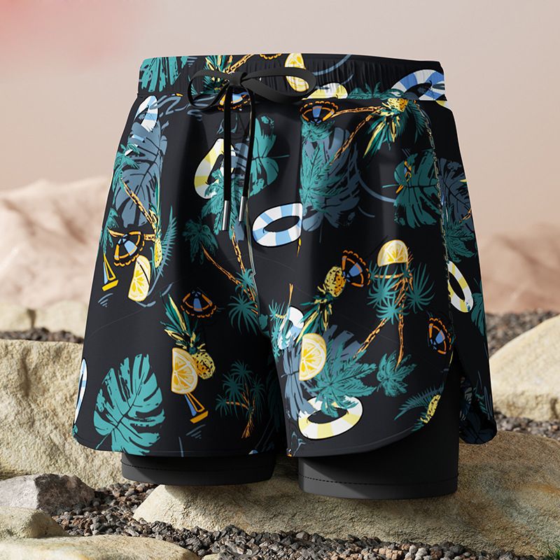 New adult flat angle double-layer swimming trunks,men's five quarter pants,anti awkward hot selling professional beach adult swimming equipment,drawstring printing,high elasticity fabric,soft