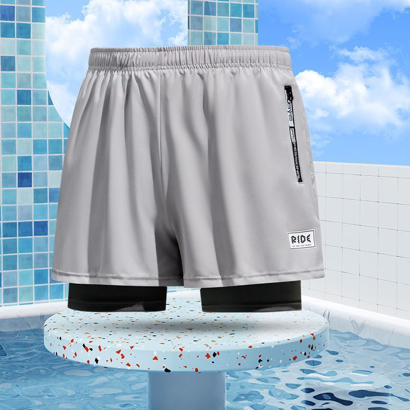 New adult flat angle double-layer swimming trunks,men's five quarter pants,anti awkward hot selling professional beach adult swimming equipment,drawstring printing,high elasticity fabric,soft