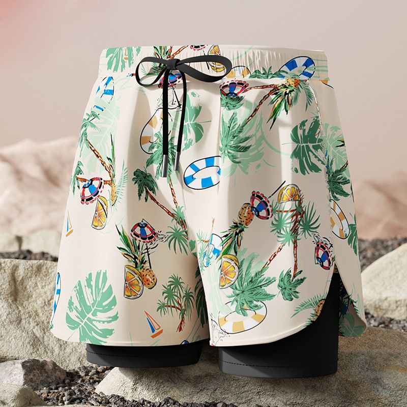 New adult flat angle double-layer swimming trunks,men's five quarter pants,anti awkward hot selling professional beach adult swimming equipment,drawstring printing,high elasticity fabric,soft