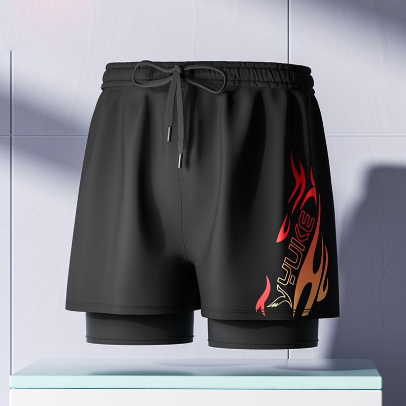 New adult flat angle double-layer swimming trunks,men's five quarter pants,anti awkward hot selling professional beach adult swimming equipment,drawstring printing,high elasticity fabric,soft