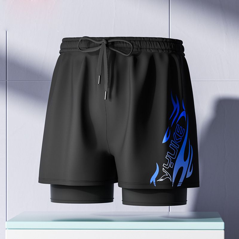 New adult flat angle double-layer swimming trunks,men's five quarter pants,anti awkward hot selling professional beach adult swimming equipment,drawstring printing,high elasticity fabric,soft