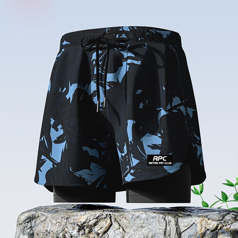 New adult flat angle double-layer swimming trunks,men's five quarter pants,anti awkward hot selling professional beach adult swimming equipment,drawstring printing,high elasticity fabric,soft