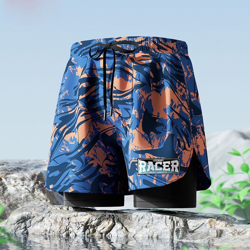 New adult flat angle double-layer swimming trunks,men's five quarter pants,anti awkward hot selling professional beach adult swimming equipment,drawstring printing,high elasticity fabric,soft
