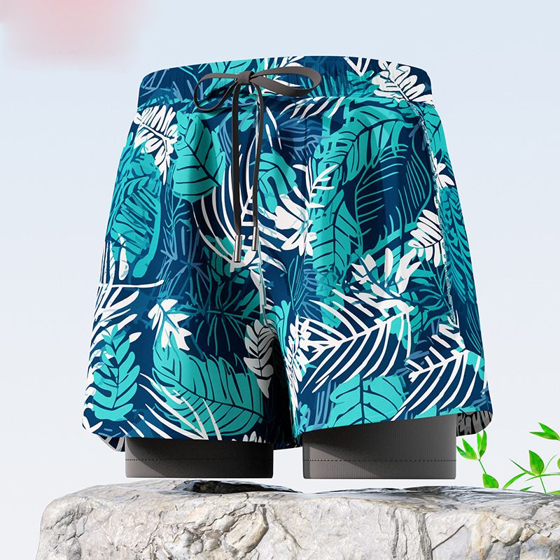 New adult flat angle double-layer swimming trunks,men's five quarter pants,anti awkward hot selling professional beach adult swimming equipment,drawstring printing,high elasticity fabric,soft
