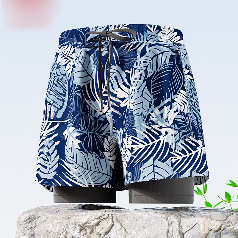 New adult flat angle double-layer swimming trunks,men's five quarter pants,anti awkward hot selling professional beach adult swimming equipment,drawstring printing,high elasticity fabric,soft