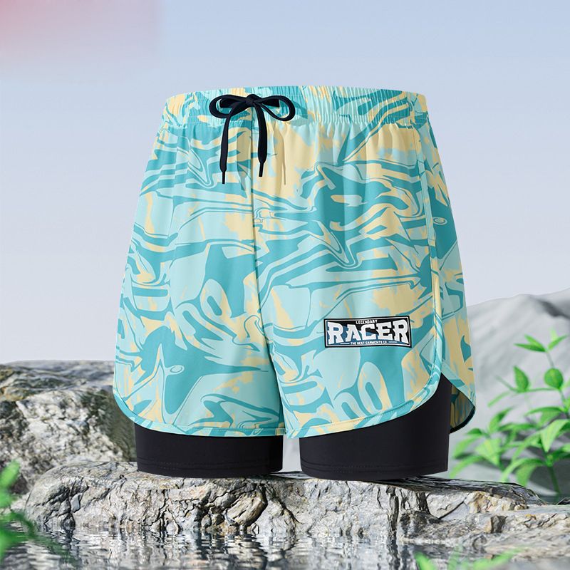 New adult flat angle double-layer swimming trunks,men's five quarter pants,anti awkward hot selling professional beach adult swimming equipment,drawstring printing,high elasticity fabric,soft