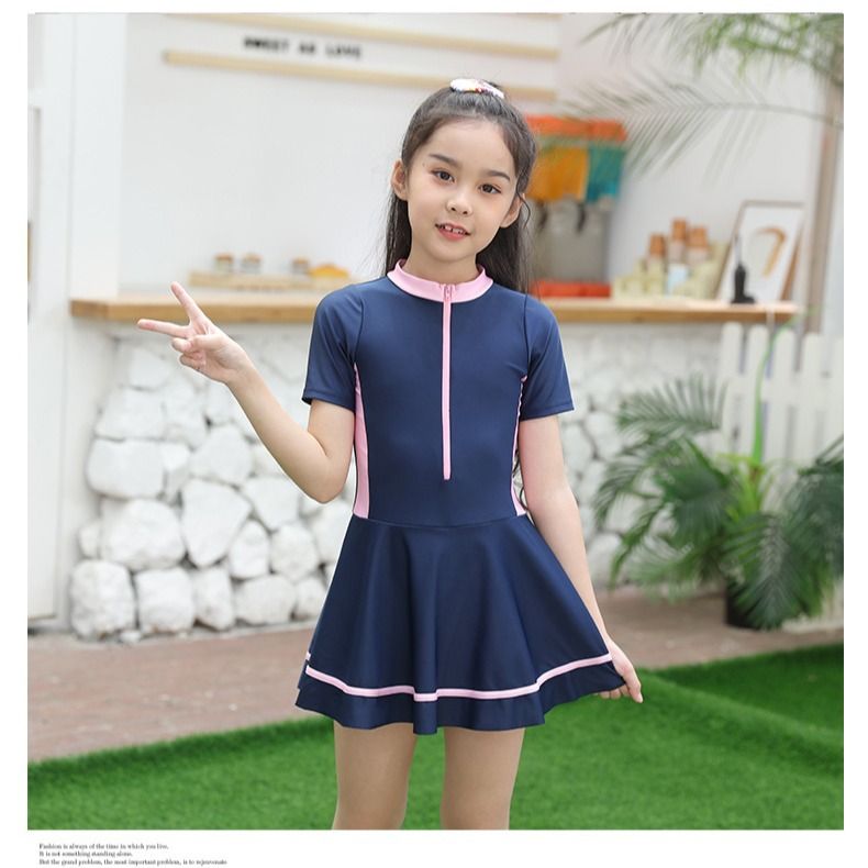 New children's swimsuits for women,hot selling one-piece,round neck,short sleeved,waist cinched A-line skirt one-piece swimsuits,student swimsuits for middle and high school children and girls,cute
