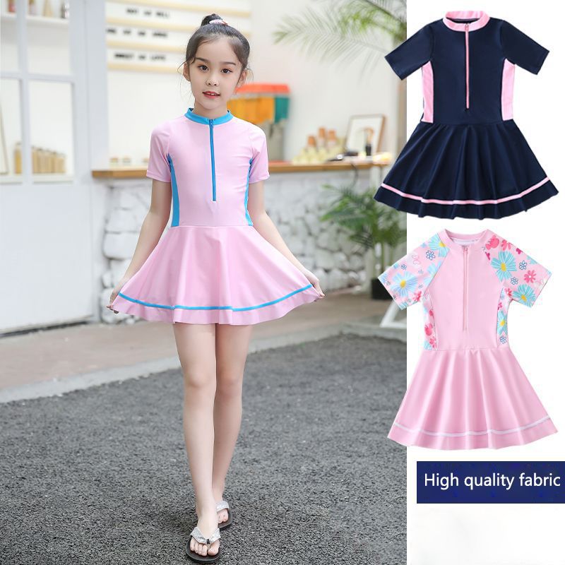 New children's swimsuits for women,hot selling one-piece,round neck,short sleeved,waist cinched A-line skirt one-piece swimsuits,student swimsuits for middle and high school children and girls,cute