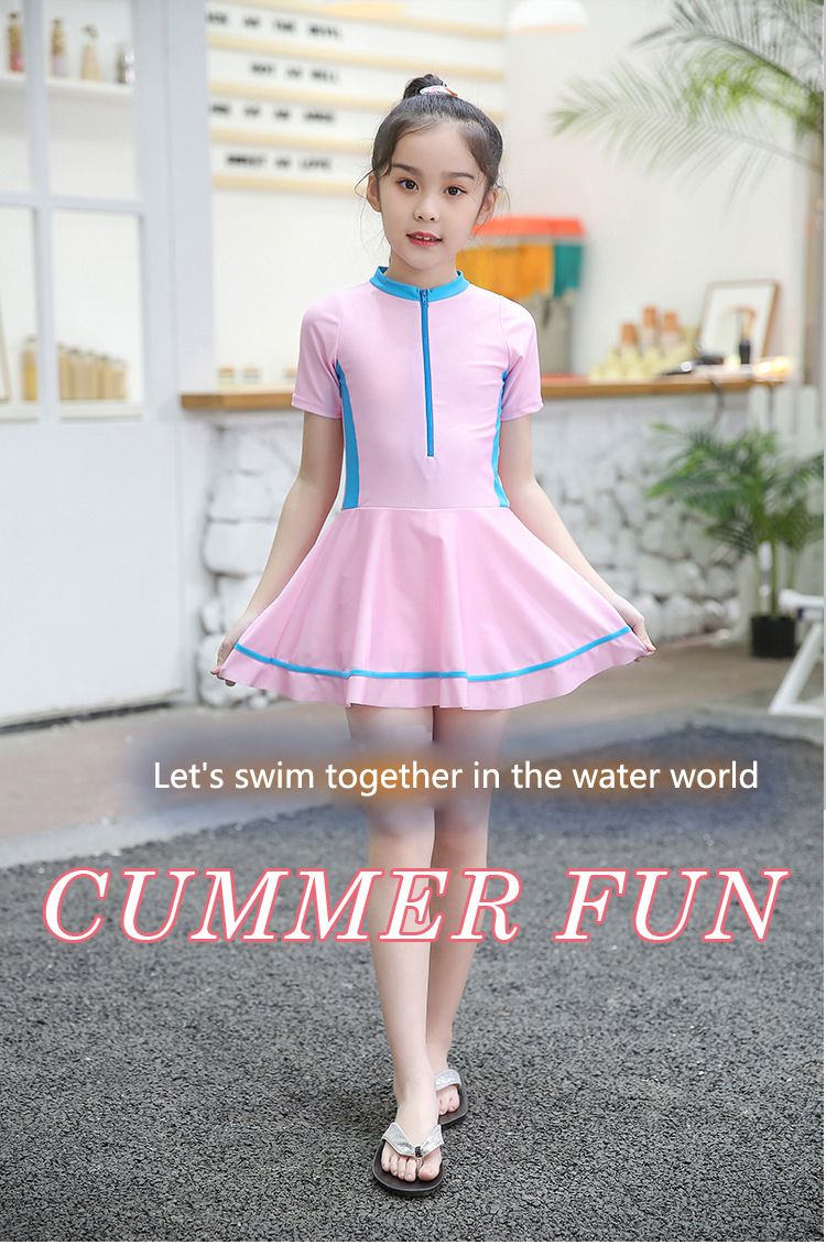 New children's swimsuits for women,hot selling one-piece,round neck,short sleeved,waist cinched A-line skirt one-piece swimsuits,student swimsuits for middle and high school children and girls,cute