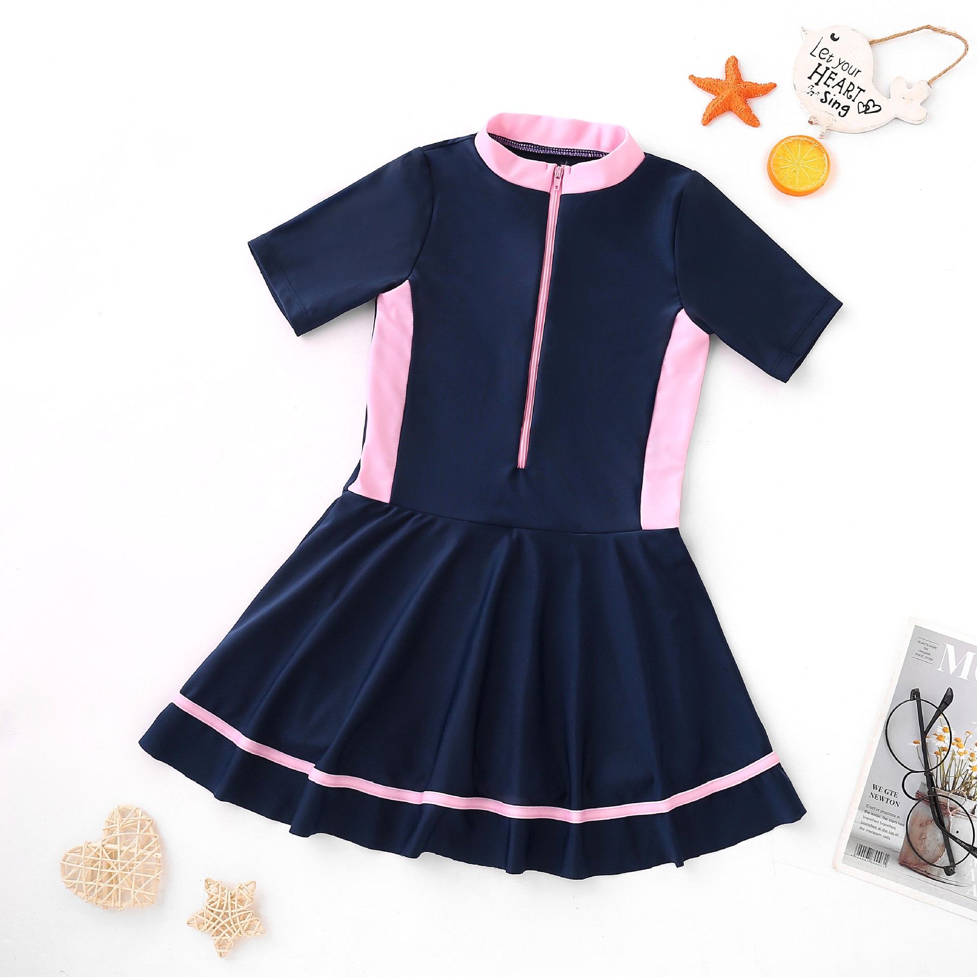 New children's swimsuits for women,hot selling one-piece,round neck,short sleeved,waist cinched A-line skirt one-piece swimsuits,student swimsuits for middle and high school children and girls,cute
