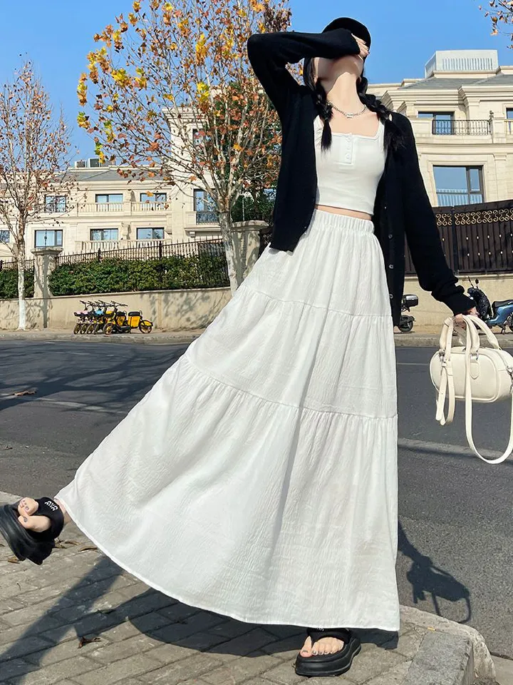 Hot selling texture ice silk pleated skirt for women, spring and summer new spliced cake skirt, fashionable drape covering crotch mid length skirt, layered beautiful skirt, comfortable and eye-catchin