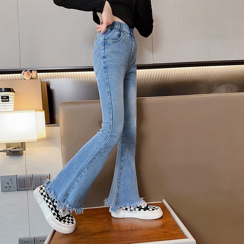2025 new girls' jeans, spring and autumn hot selling elastic waist slim fit flared pants, personalized fringed slightly flared jeans, trendy must-have, fashionable and comfortable coexistence