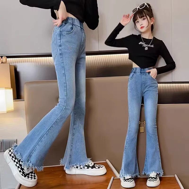 2025 new girls' jeans, spring and autumn hot selling elastic waist slim fit flared pants, personalized fringed slightly flared jeans, trendy must-have, fashionable and comfortable coexistence