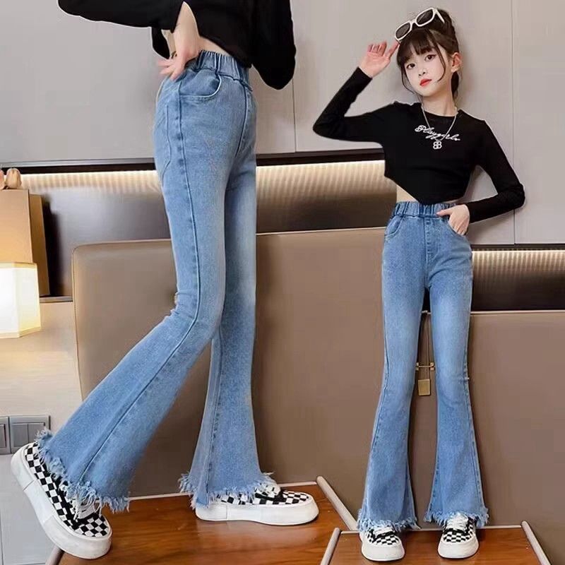 2025 new girls' jeans, spring and autumn hot selling elastic waist slim fit flared pants, personalized fringed slightly flared jeans, trendy must-have, fashionable and comfortable coexistence