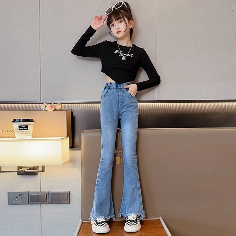 2025 new girls' jeans, spring and autumn hot selling elastic waist slim fit flared pants, personalized fringed slightly flared jeans, trendy must-have, fashionable and comfortable coexistence