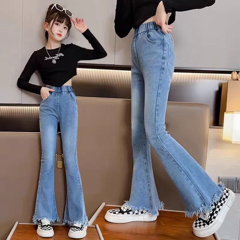 2025 new girls' jeans, spring and autumn hot selling elastic waist slim fit flared pants, personalized fringed slightly flared jeans, trendy must-have, fashionable and comfortable coexistence