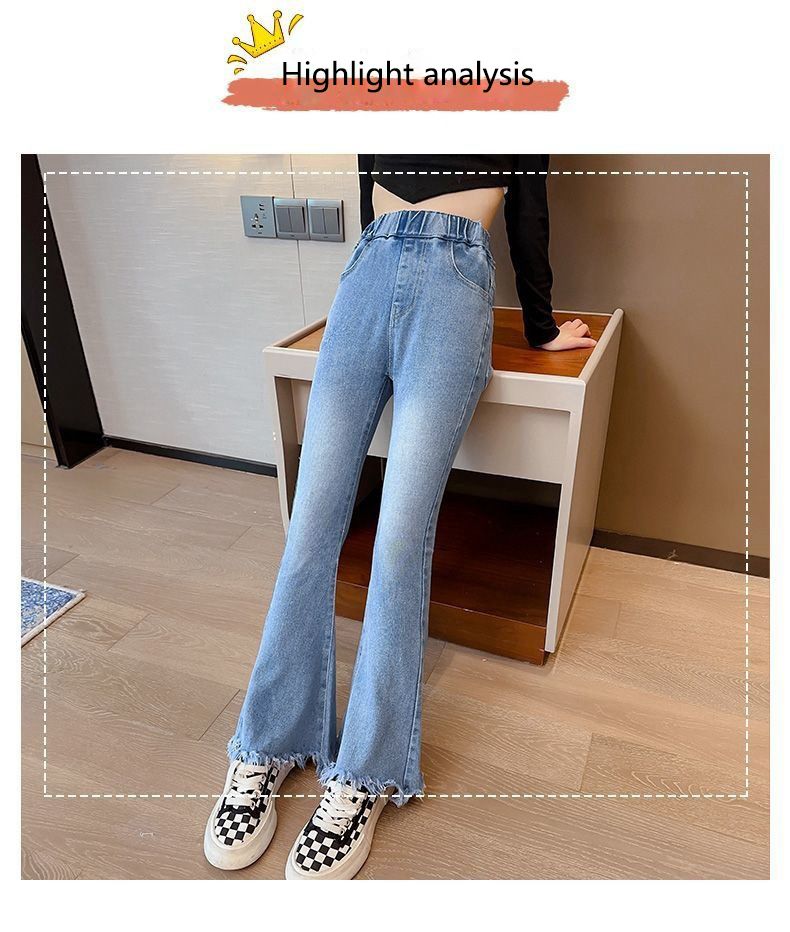 2025 new girls' jeans, spring and autumn hot selling elastic waist slim fit flared pants, personalized fringed slightly flared jeans, trendy must-have, fashionable and comfortable coexistence