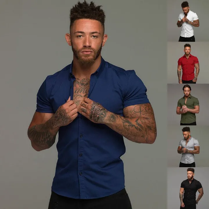 New muscular men's fitness short sleeve lapel shirt,elastic thin plain color sports casual cardigan,business iron free shirt tide,comfortable and breathable,full of masculine charm,Tiktok - popular