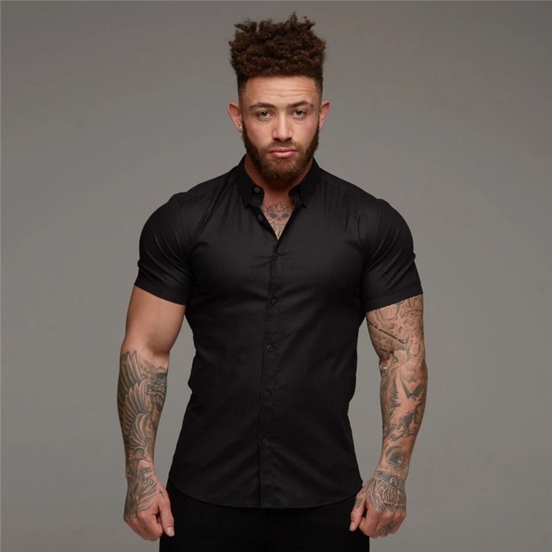 New muscular men's fitness short sleeve lapel shirt,elastic thin plain color sports casual cardigan,business iron free shirt tide,comfortable and breathable,full of masculine charm,Tiktok - popular