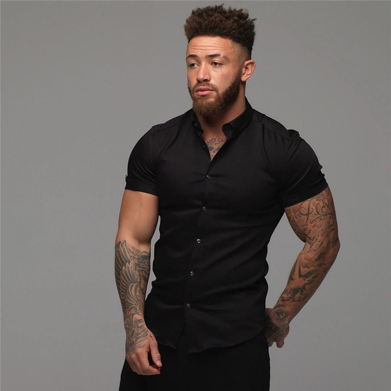 New muscular men's fitness short sleeve lapel shirt,elastic thin plain color sports casual cardigan,business iron free shirt tide,comfortable and breathable,full of masculine charm,Tiktok - popular