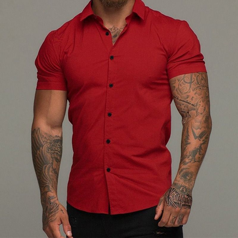 New muscular men's fitness short sleeve lapel shirt,elastic thin plain color sports casual cardigan,business iron free shirt tide,comfortable and breathable,full of masculine charm,Tiktok - popular